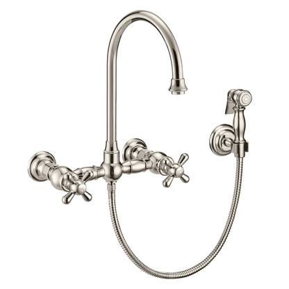 Vintage III Plus Wall Mount Faucet with a  Long Gooseneck Swivel Spout, Cross Handles and Solid Brass Side Spray