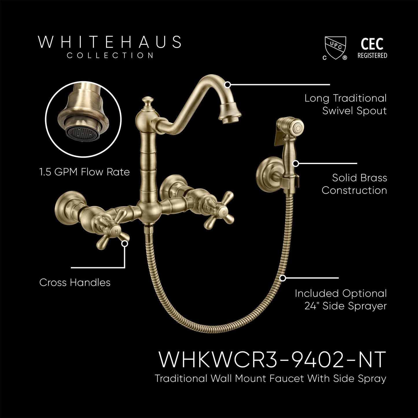 Vintage III Plus Wall Mount Faucet with a  Long Traditional Swivel Spout, Cross Handles and Solid Brass Side Spray