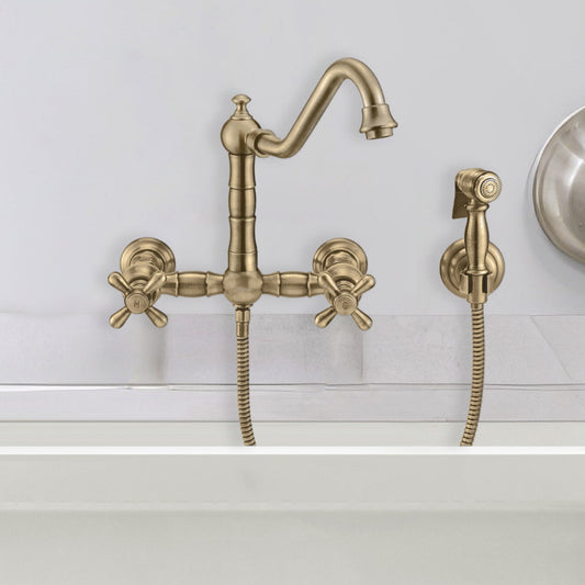 Vintage III Plus Wall Mount Faucet with a  Long Traditional Swivel Spout, Cross Handles and Solid Brass Side Spray