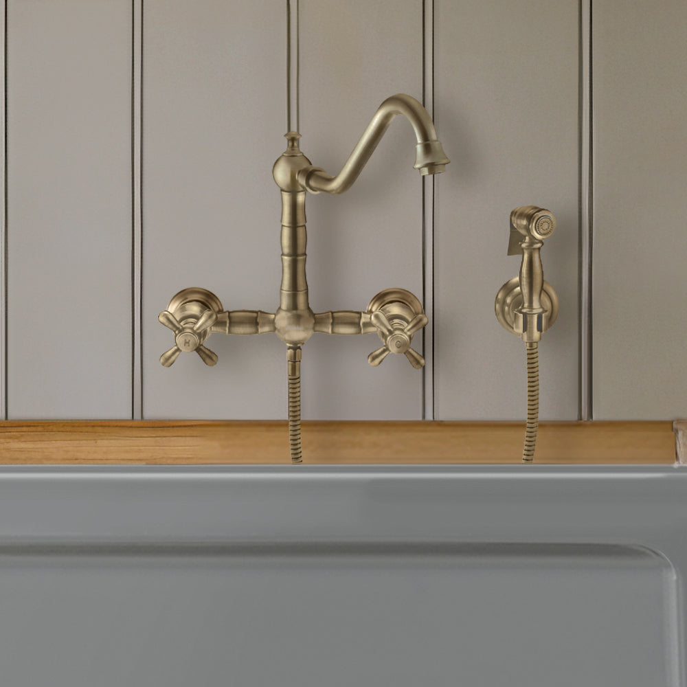 Vintage III Plus Wall Mount Faucet with a  Long Traditional Swivel Spout, Cross Handles and Solid Brass Side Spray