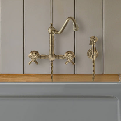 Vintage III Plus Wall Mount Faucet with a  Long Traditional Swivel Spout, Cross Handles and Solid Brass Side Spray