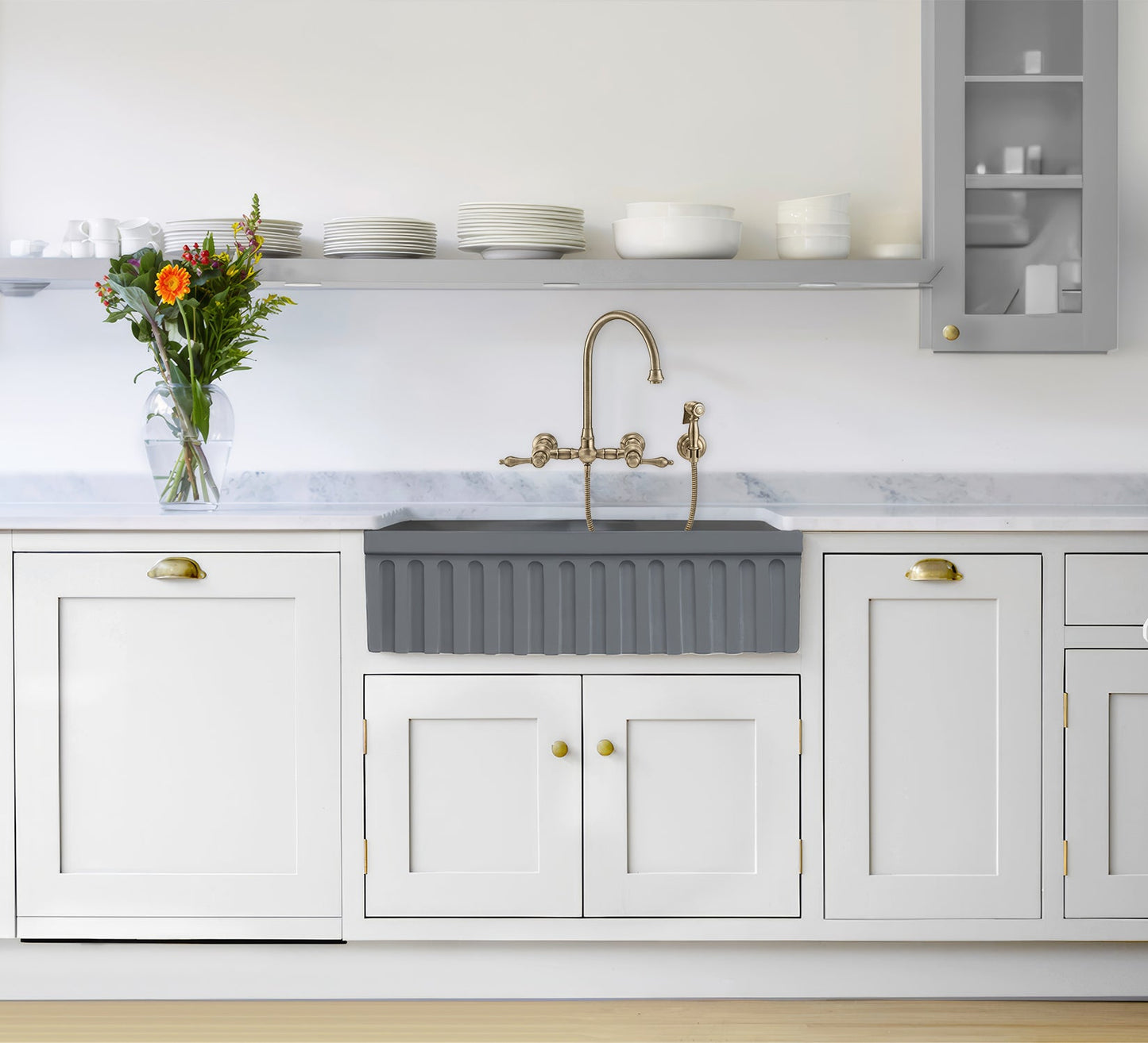 Vintage III Plus Wall Mount Faucet with a  Long Gooseneck Swivel Spout, Lever Handles and Solid Brass Side Spray