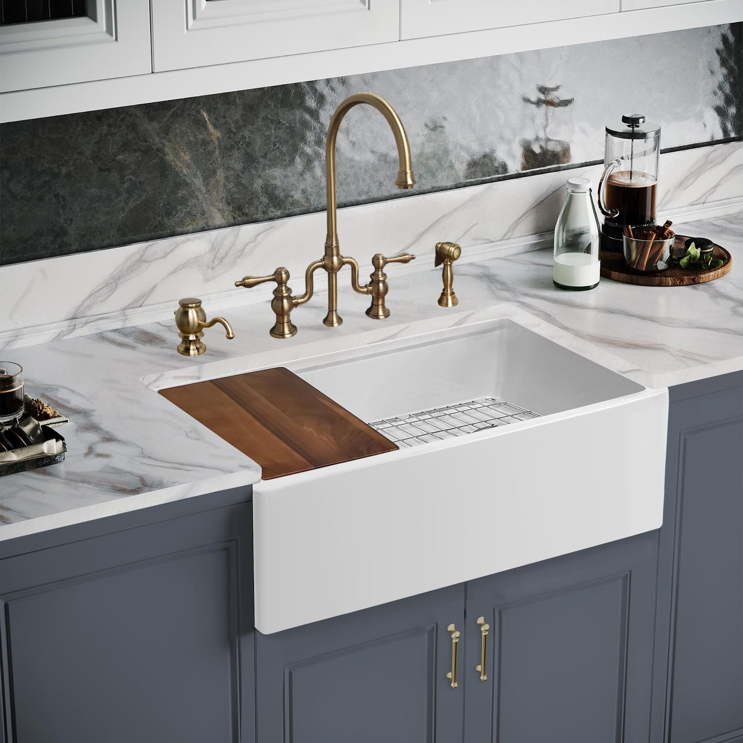 Whitehaus Collection 30" Reversible Single Bowl Fireclay Sink Set with a Smooth Front Apron, Walnut Wood Cutting Board and Stainless Steel Grid