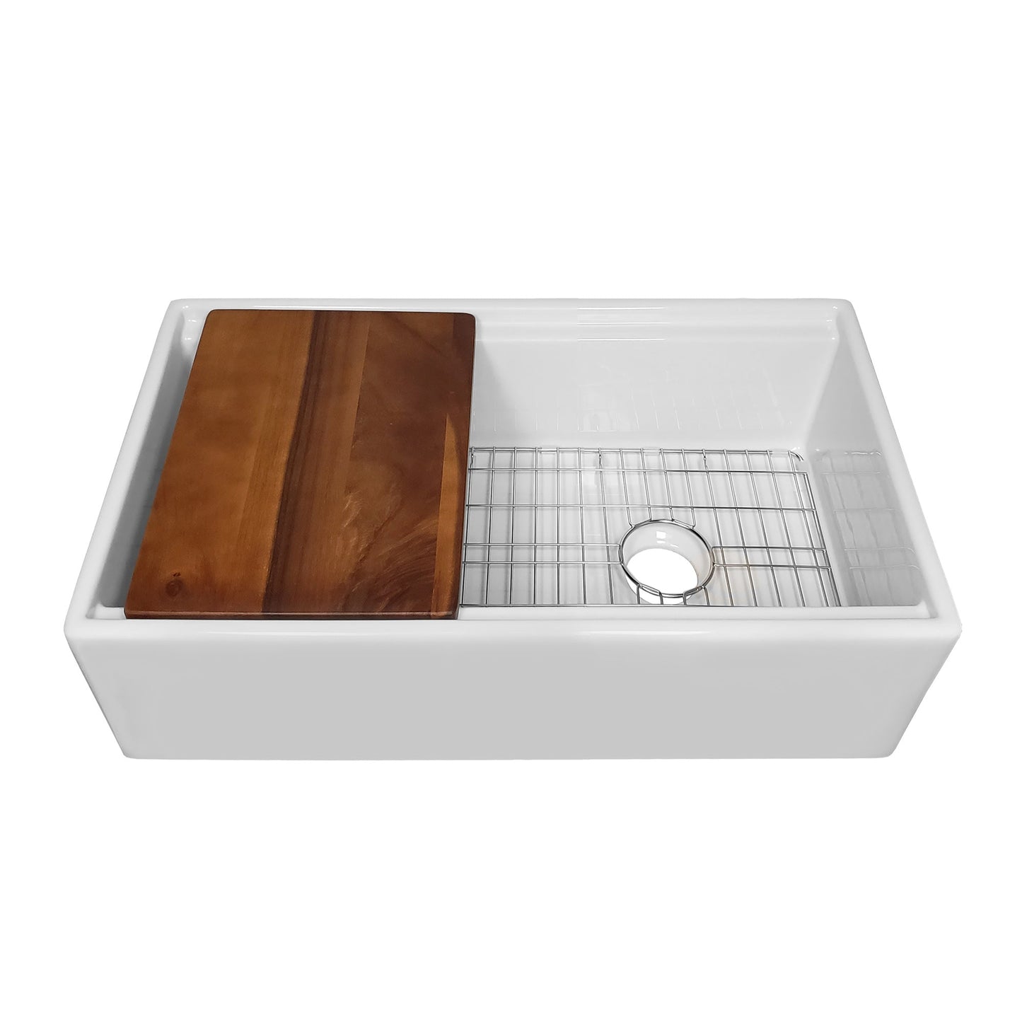 Whitehaus Collection 30" Reversible Single Bowl Fireclay Sink Set with a Smooth Front Apron, Walnut Wood Cutting Board and Stainless Steel Grid