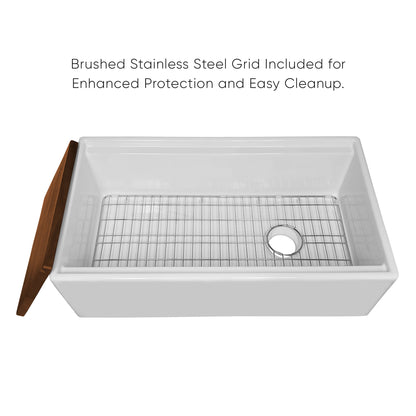 Whitehaus Collection 30" Reversible Single Bowl Fireclay Sink Set with a Smooth Front Apron, Walnut Wood Cutting Board and Stainless Steel Grid