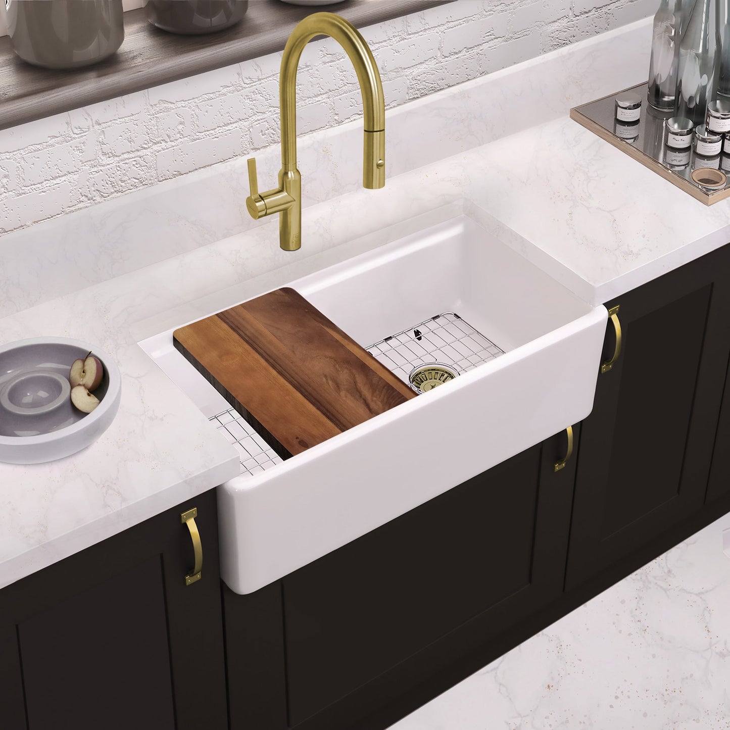 Whitehaus Collection 33" Reversible Single Bowl Fireclay Sink Set with a Smooth Front Apron, Walnut Wood Cutting Board and Stainless Steel Grid