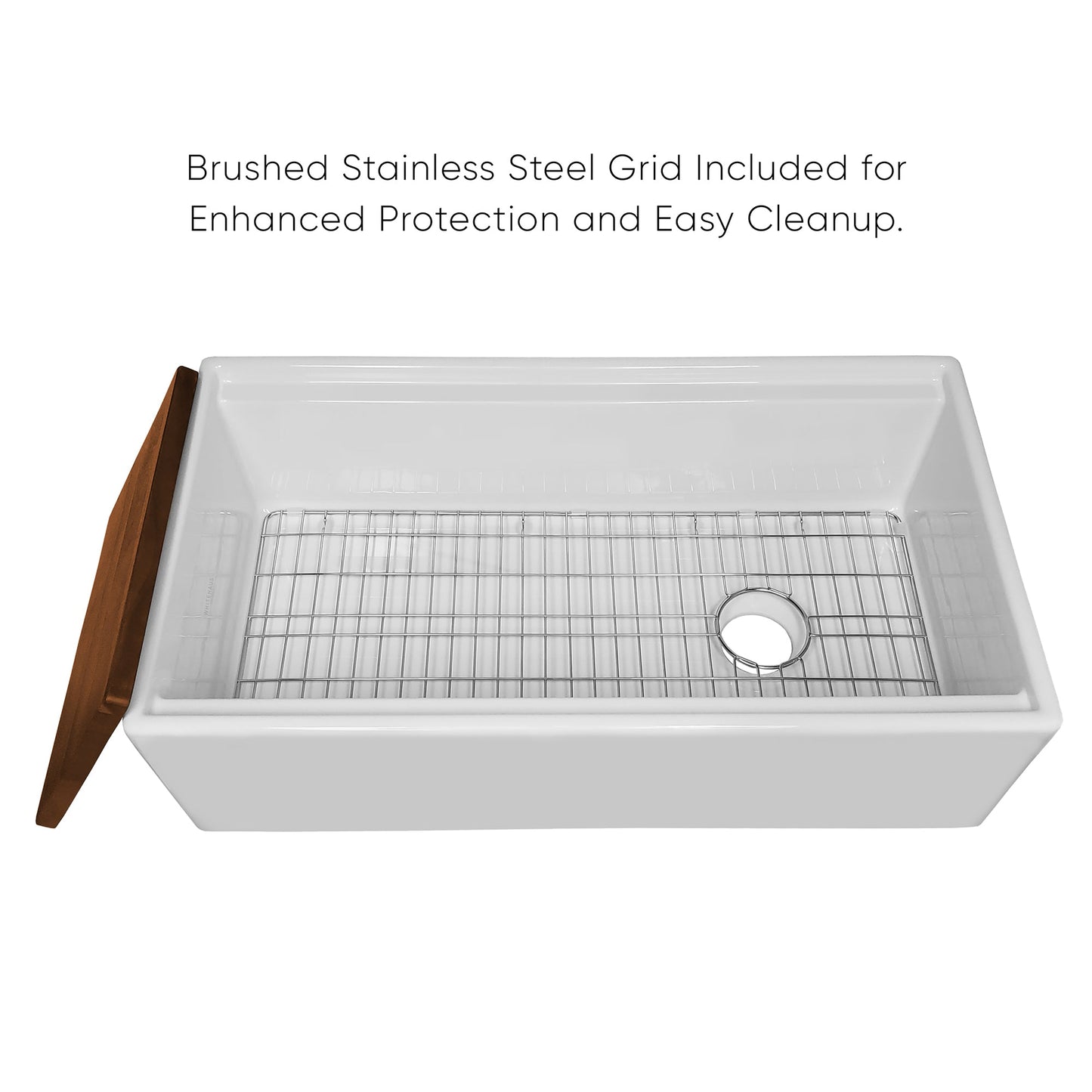 Whitehaus Collection 33" Reversible Single Bowl Fireclay Sink Set with a Smooth Front Apron, Walnut Wood Cutting Board and Stainless Steel Grid