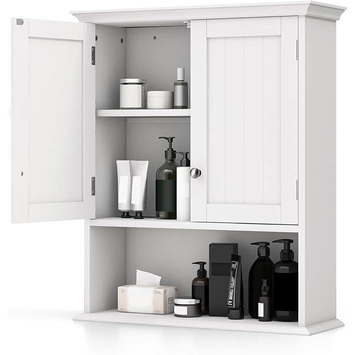 Wall Mounted Bathroom Medicine Cabinet with Open Storage Shelf in White