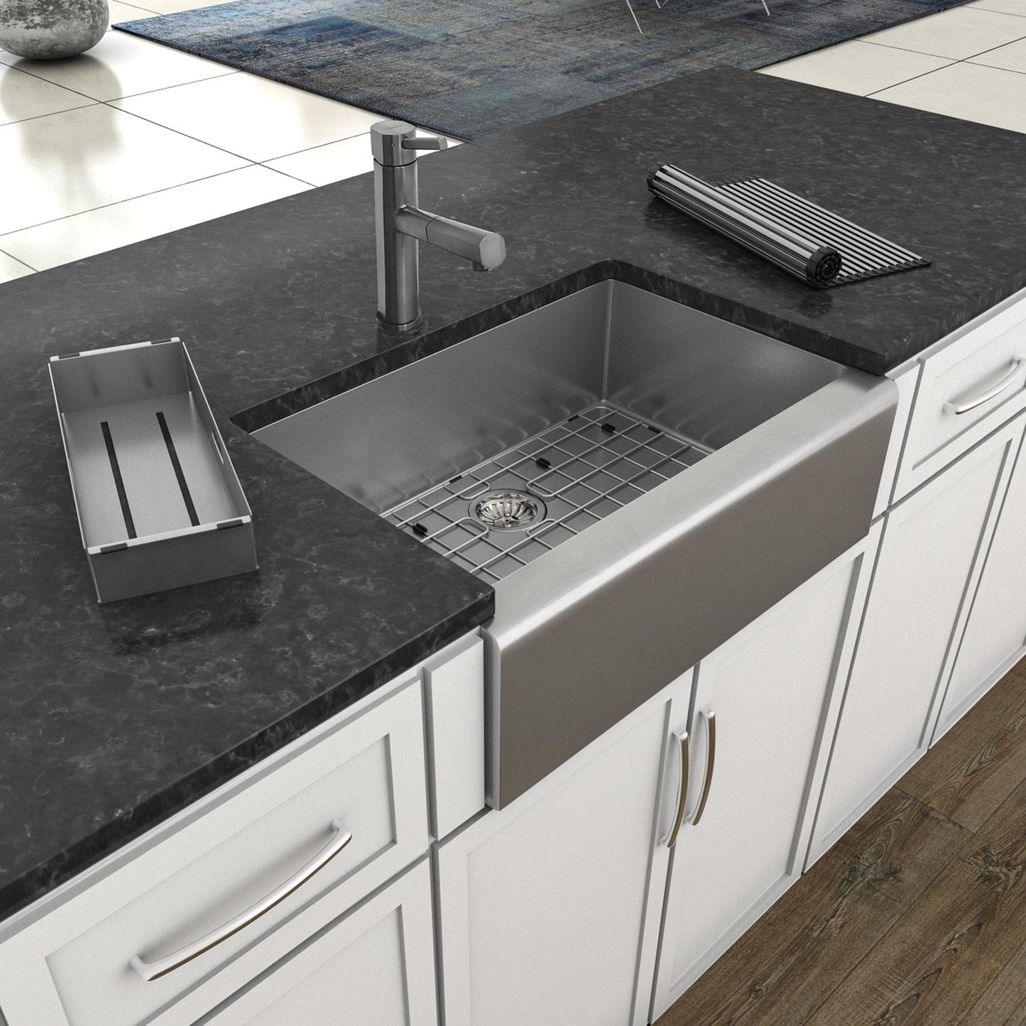 Noah Plus 16 gauge Single Bowl Undermount Sink Set with a seamless customized front Apron