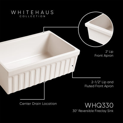 Farmhaus Fireclay Quatro Alcove Reversible Sink with a Fluted Front Apron and Decorative 2 1/2" Lip on One Side and 2" Lip on the Opposite Side