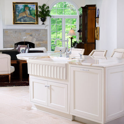 Farmhaus Fireclay Quatro Alcove Reversible Sink with a Fluted Front Apron and Decorative 2 1/2" Lip on One Side and 2" Lip on the Opposite Side