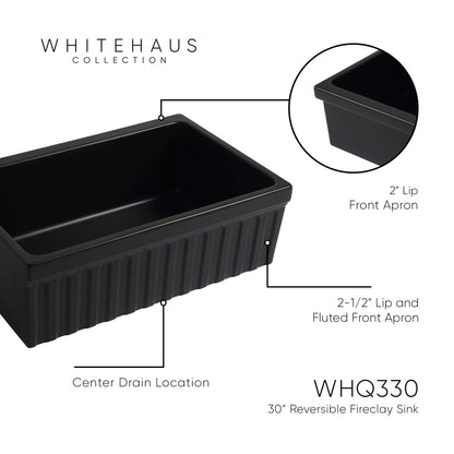 Farmhaus Fireclay Quatro Alcove Reversible Sink with a Fluted Front Apron and Decorative 2 1/2" Lip on One Side and 2" Lip on the Opposite Side