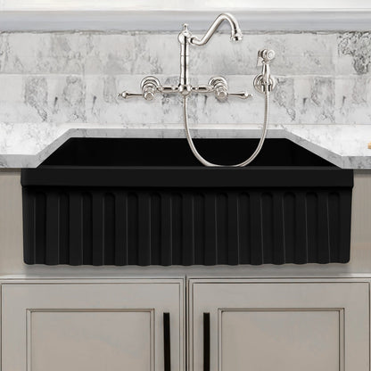 Farmhaus Fireclay Quatro Alcove Reversible Sink with a Fluted Front Apron and Decorative 2 1/2" Lip on One Side and 2" Lip on the Opposite Side