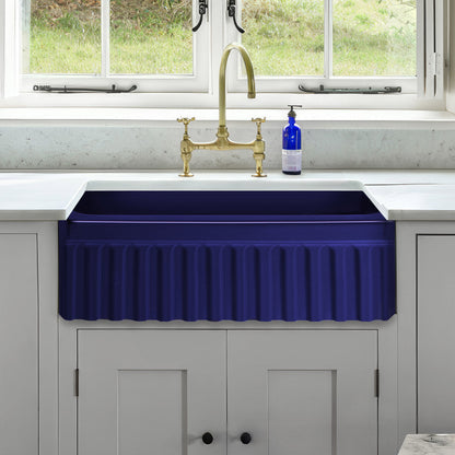 Farmhaus Fireclay Quatro Alcove Reversible Sink with a Fluted Front Apron and Decorative 2 1/2" Lip on One Side and 2" Lip on the Opposite Side