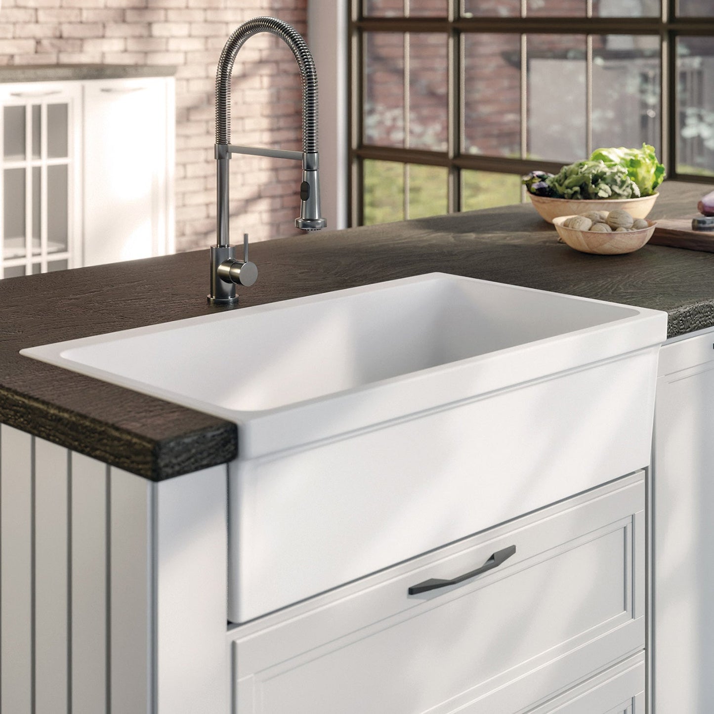 Farmhaus Fireclay Quatro Alcove Large Reversible Sink with Decorative 2 ½" Lip on One Side and 2" Lip on the Opposite Side