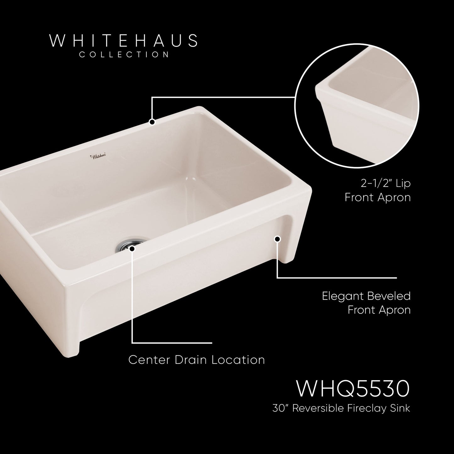 Glencove Fireclay 30" Reversible Sink with Elegant Beveled Front Apron on one side  Decorative 2" Lip Plain on Opposite Side