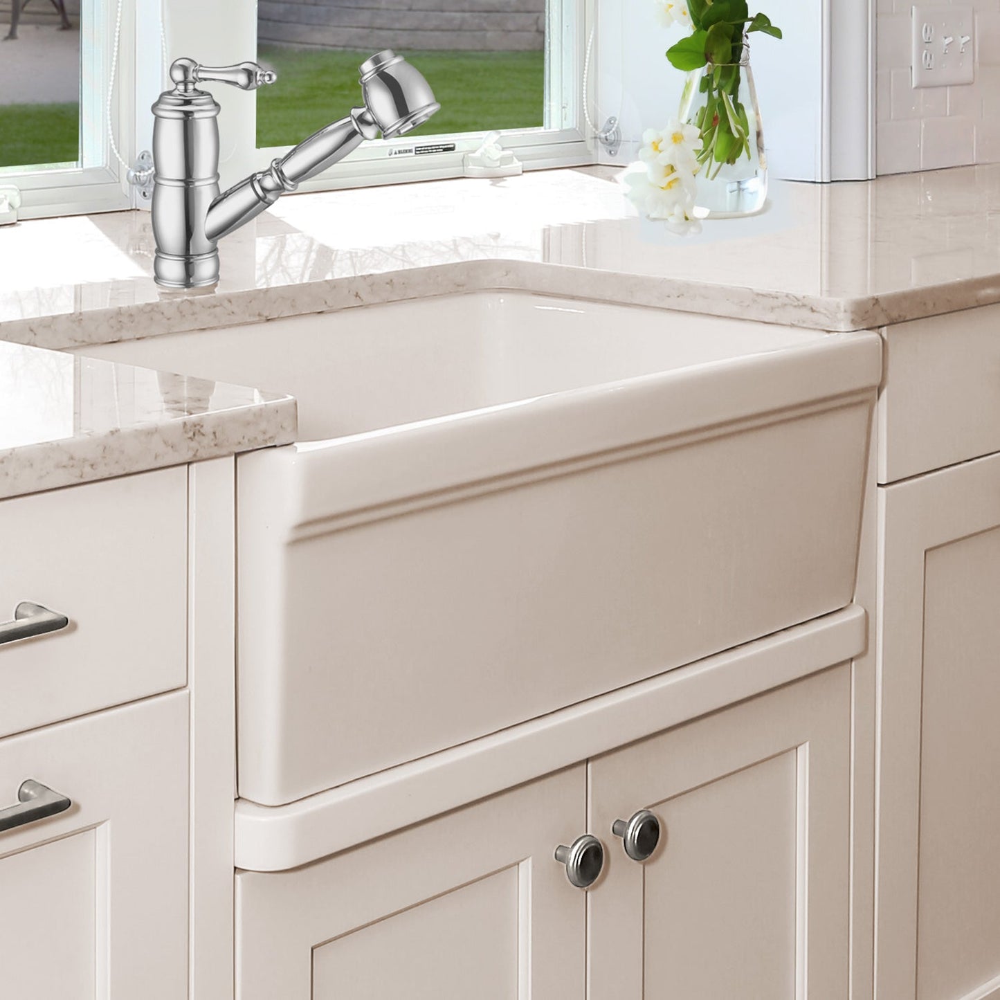 Glencove Fireclay 30" Reversible Sink with Elegant Beveled Front Apron on one side  Decorative 2" Lip Plain on Opposite Side