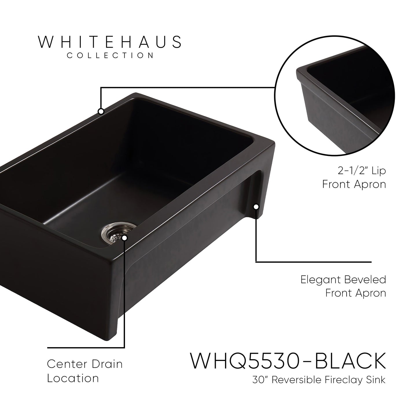 Glencove Fireclay 30" Reversible Sink with Elegant Beveled Front Apron on one side  Decorative 2" Lip Plain on Opposite Side