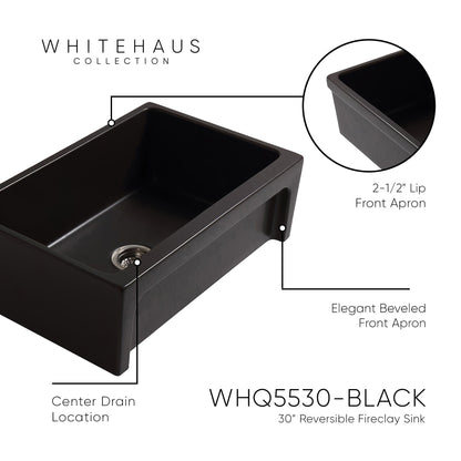 Glencove Fireclay 30" Reversible Sink with Elegant Beveled Front Apron on one side  Decorative 2" Lip Plain on Opposite Side
