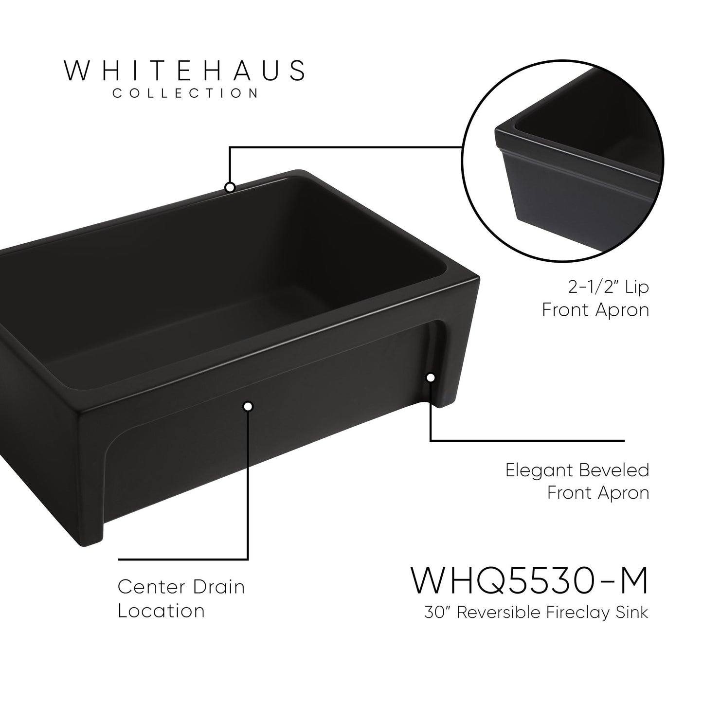 Glencove Fireclay 30" Reversible Sink with Elegant Beveled Front Apron on one side  Decorative 2" Lip Plain on Opposite Side