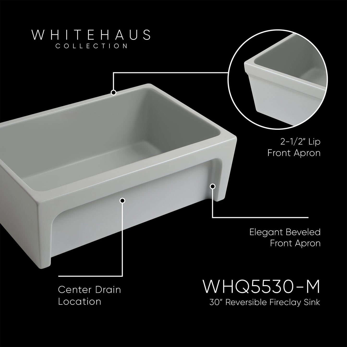 Glencove Fireclay 30" Reversible Sink with Elegant Beveled Front Apron on one side  Decorative 2" Lip Plain on Opposite Side