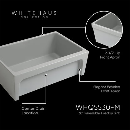 Glencove Fireclay 30" Reversible Sink with Elegant Beveled Front Apron on one side  Decorative 2" Lip Plain on Opposite Side