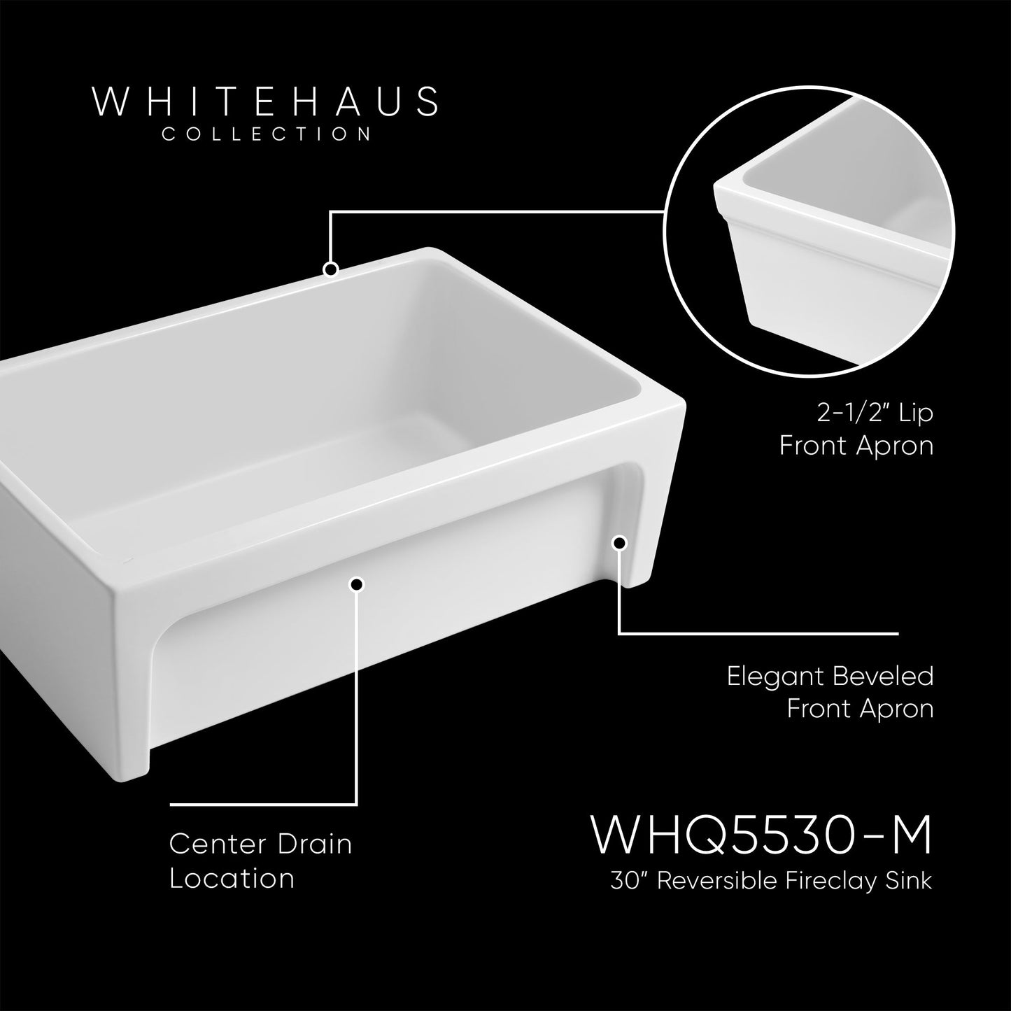 Glencove Fireclay 30" Reversible Sink with Elegant Beveled Front Apron on one side  Decorative 2" Lip Plain on Opposite Side