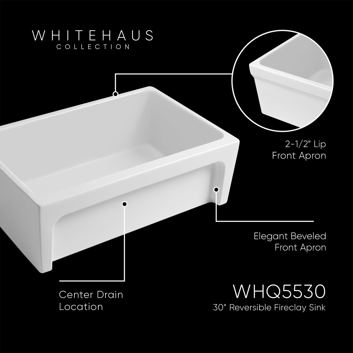 Glencove Fireclay 30" Reversible Sink with Elegant Beveled Front Apron on one side  Decorative 2" Lip Plain on Opposite Side