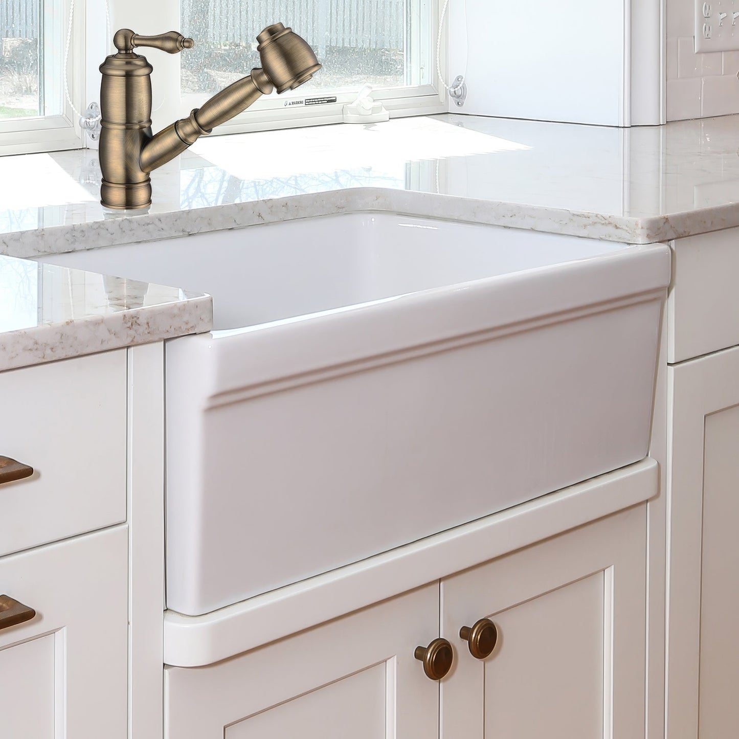 Glencove Fireclay 30" Reversible Sink with Elegant Beveled Front Apron on one side  Decorative 2" Lip Plain on Opposite Side