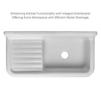 Heritage Front Apron Single Bowl Fireclay Sink with Integral Drainboard and High Backsplash