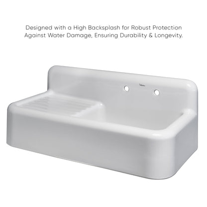 Heritage Front Apron Single Bowl Fireclay Sink with Integral Drainboard and High Backsplash