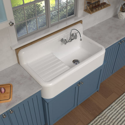 Heritage Front Apron Single Bowl Fireclay Sink with Integral Drainboard and High Backsplash