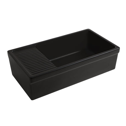 Farmhaus Fireclay Quatro Alcove Large Reversible Sink with Integral Drainboard and Decorative 2 ½" Lip on Both Sides