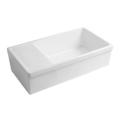 Farmhaus Fireclay Quatro Alcove Large Reversible Sink with Integral Drainboard and Decorative 2 ½" Lip on Both Sides