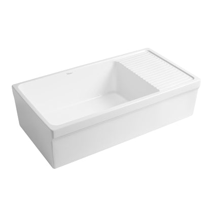 Farmhaus Fireclay Quatro Alcove Large Reversible Sink with Integral Drainboard and Decorative 2 ½" Lip on Both Sides