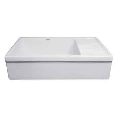 Farmhaus Fireclay Quatro Alcove Large Reversible Sink with Integral Drainboard and Decorative 2 ½" Lip on Both Sides