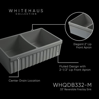 Farmhaus Fireclay Quatro Alcove Reversible Double Bowl Sink with a Fluted Front Apron and 2" Lip on One Side and 2 ½" Lip on the Opposite Side