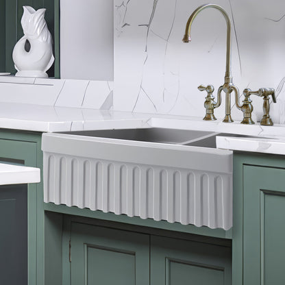 Farmhaus Fireclay Quatro Alcove Reversible Double Bowl Sink with a Fluted Front Apron and 2" Lip on One Side and 2 ½" Lip on the Opposite Side