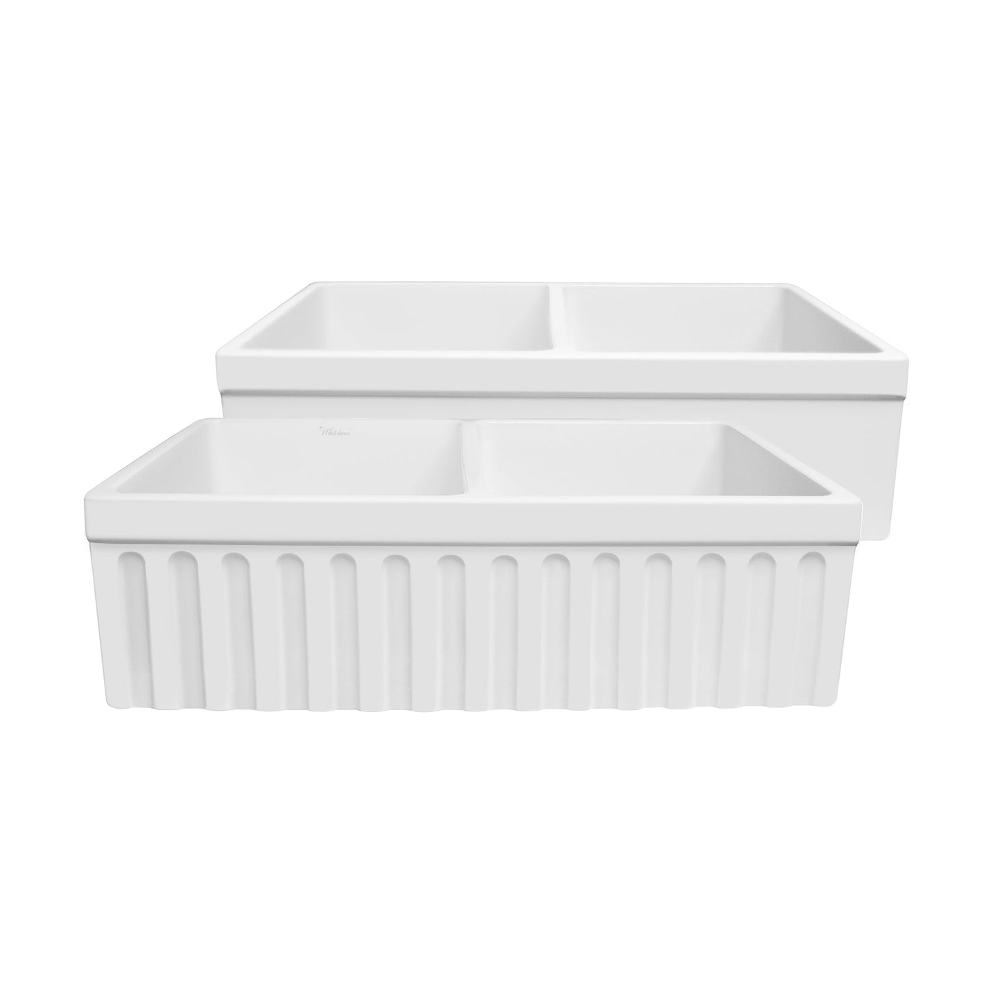Farmhaus Quatro Alcove Reversible Matte Double Bowl  Fireclay Kitchen Sink with Fluted  2" Lip Front Apron on one Side and a 2 ½" Lip Plain on the Opposite Side