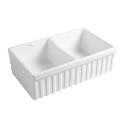 Farmhaus Quatro Alcove Reversible Matte Double Bowl  Fireclay Kitchen Sink with Fluted  2" Lip Front Apron on one Side and a 2 ½" Lip Plain on the Opposite Side