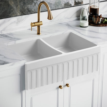 Farmhaus Fireclay Quatro Alcove Reversible Double Bowl Sink with a Fluted Front Apron and 2" Lip on One Side and 2 ½" Lip on the Opposite Side
