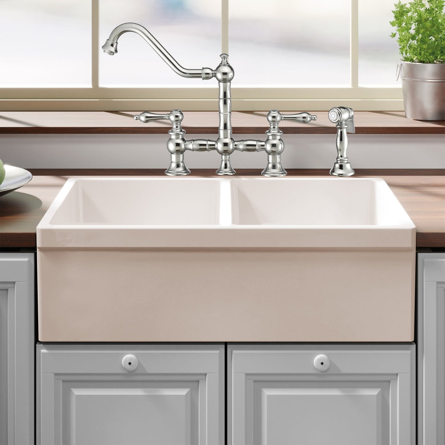 Farmhaus Fireclay Quatro Alcove Reversible Double Bowl Sink with 2" Lip on One Side and 2 ½" Lip on the Opposite Side