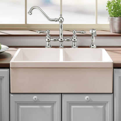 Farmhaus Fireclay Quatro Alcove Reversible Double Bowl Sink with 2" Lip on One Side and 2 ½" Lip on the Opposite Side