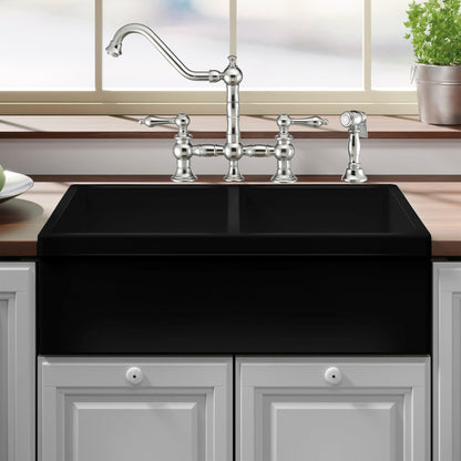 Farmhaus Fireclay Quatro Alcove Reversible Double Bowl Sink with 2" Lip on One Side and 2 ½" Lip on the Opposite Side