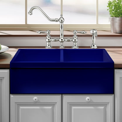Farmhaus Fireclay Quatro Alcove Reversible Double Bowl Sink with 2" Lip on One Side and 2 ½" Lip on the Opposite Side