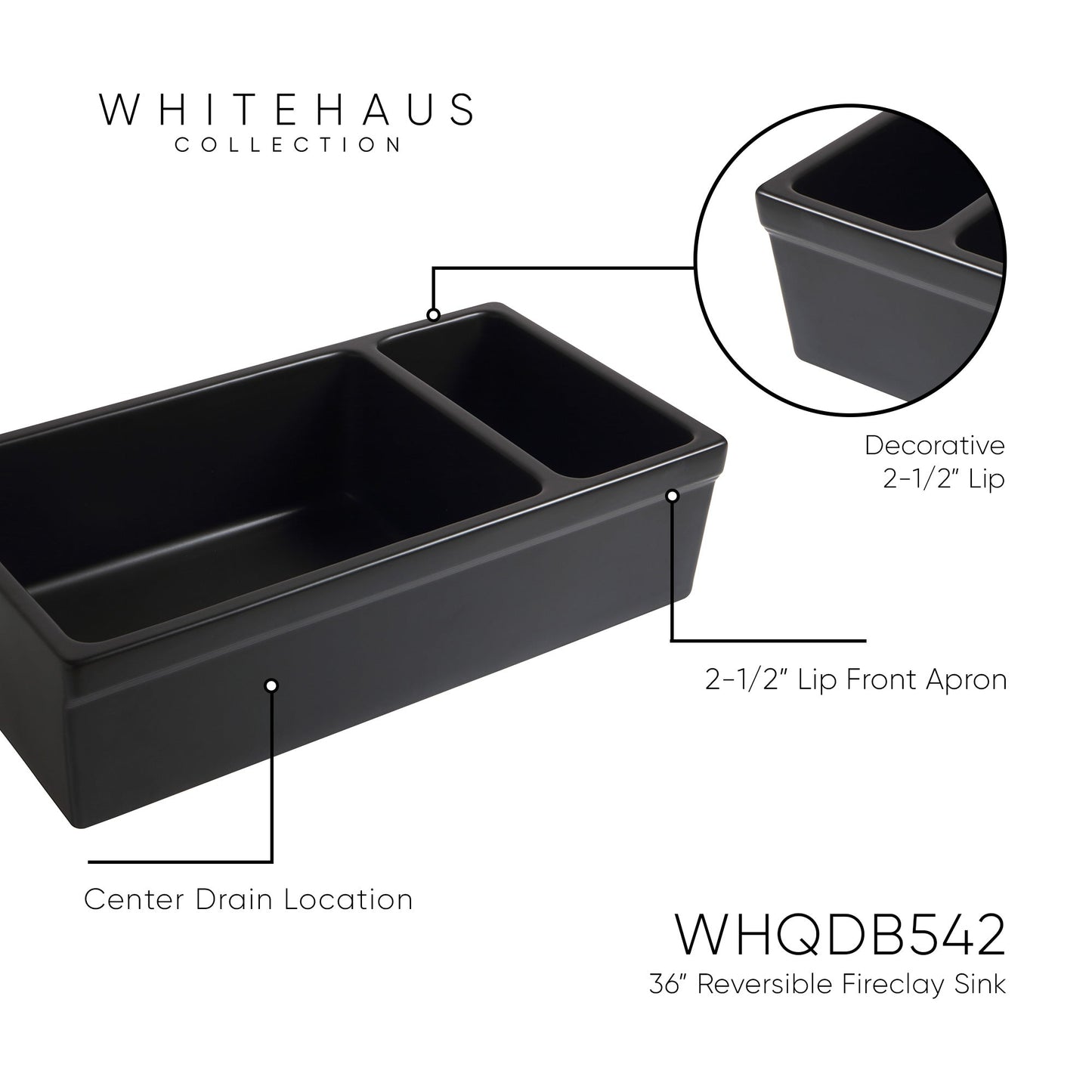 Farmhaus Fireclay Quatro Alcove Large Reversible Sink and Small Bowl with Decorative 2 ½" Lip on Both Sides