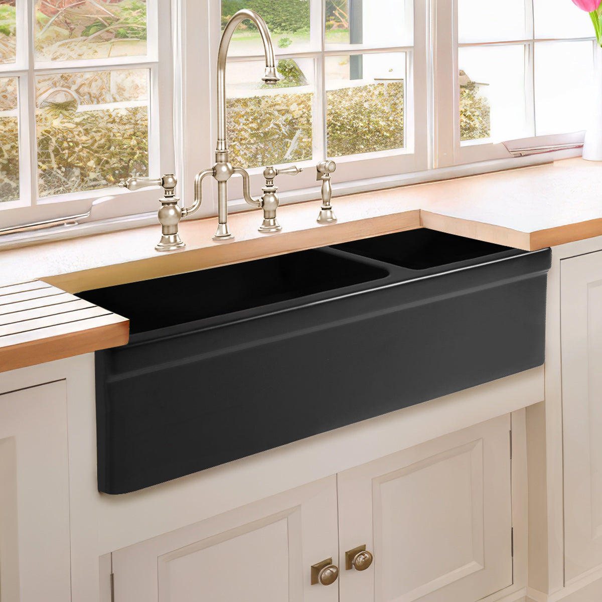 Farmhaus Fireclay Quatro Alcove Large Reversible Sink and Small Bowl with Decorative 2 ½" Lip on Both Sides