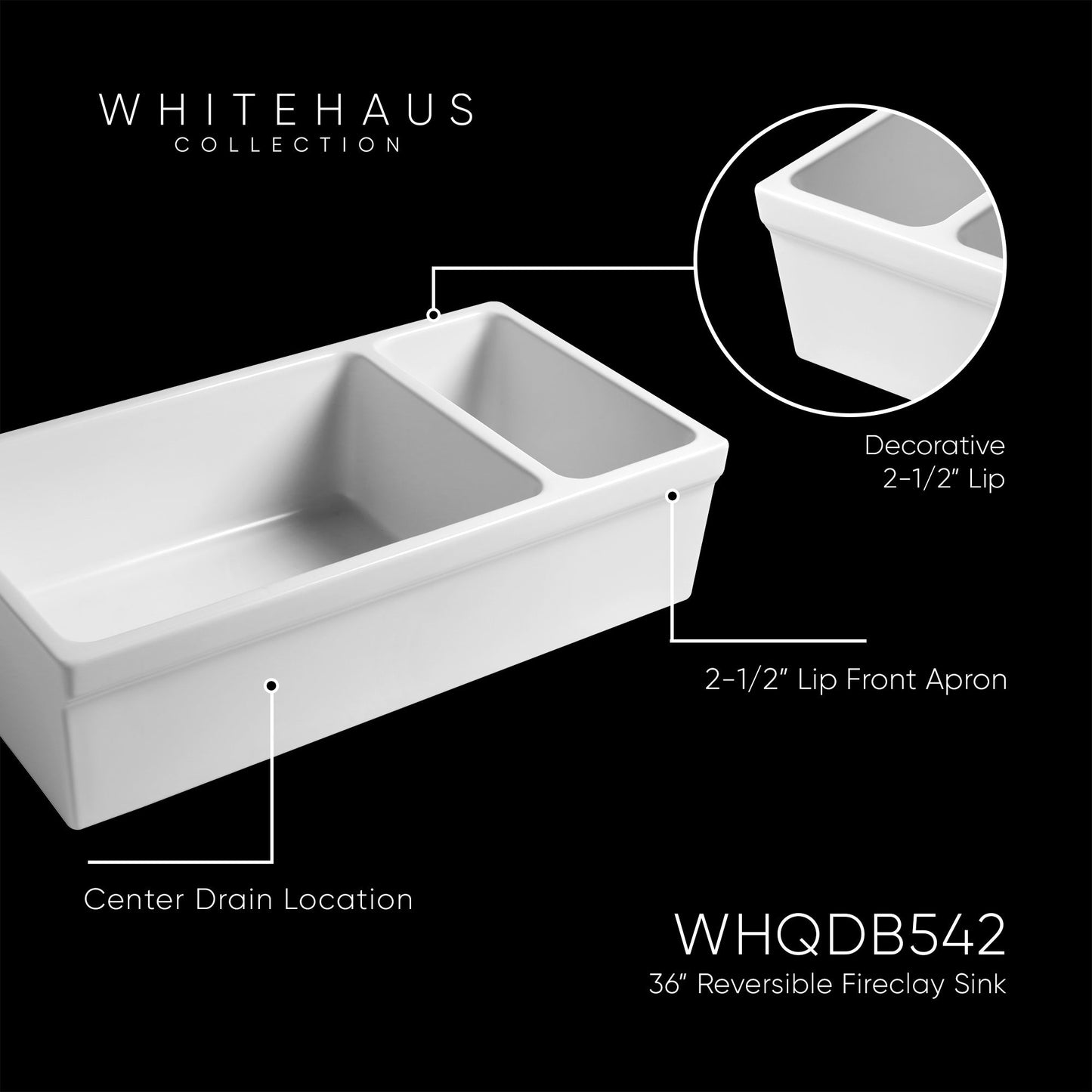 Farmhaus Fireclay Quatro Alcove Large Reversible Sink and Small Bowl with Decorative 2 ½" Lip on Both Sides
