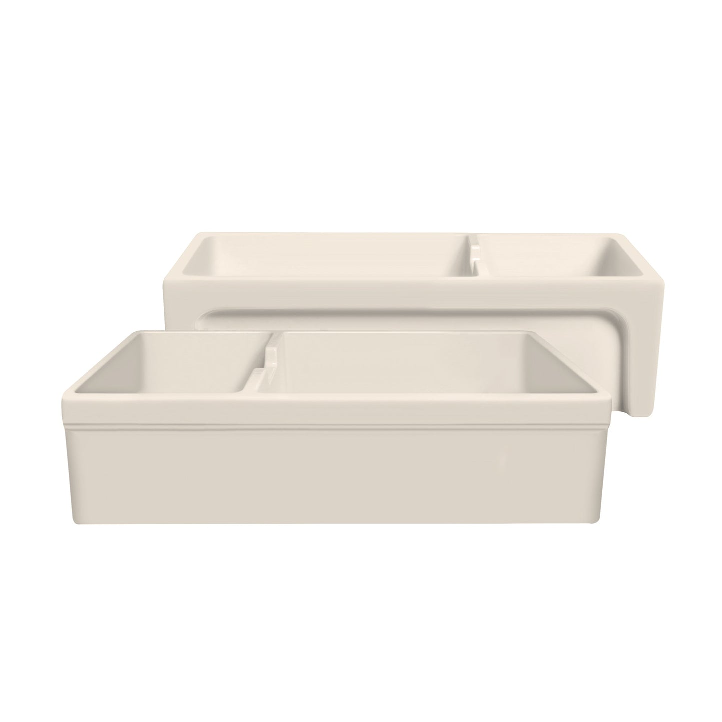 Glencove Fireclay 42" Large Double Bowl  Reversible Sink with an Elegant Beveled Front Apron on One Side and a Decorative Lip on the Opposite Side