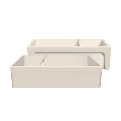 Glencove Fireclay 42" Large Double Bowl  Reversible Sink with an Elegant Beveled Front Apron on One Side and a Decorative Lip on the Opposite Side